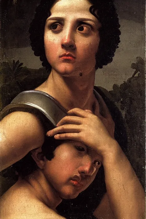 Image similar to renaissance painting of man, short black hair, pleading face, tears dripping from the eyes, emotions closeup, dressed in roman armour, the beautiful garden, ultra detailed, art by Guido Reni style, Vincenzo Catena style