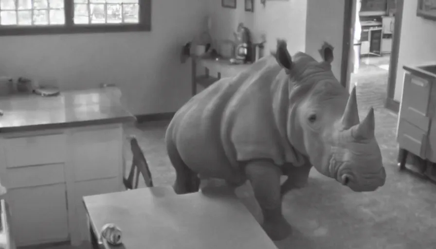 Image similar to a rhinoceros in a grandma kitchen, by mini dv camera, very very low quality, heavy grain, very blurry, accidental flash, webcam footage, found footage, security cam, caught on trail cam