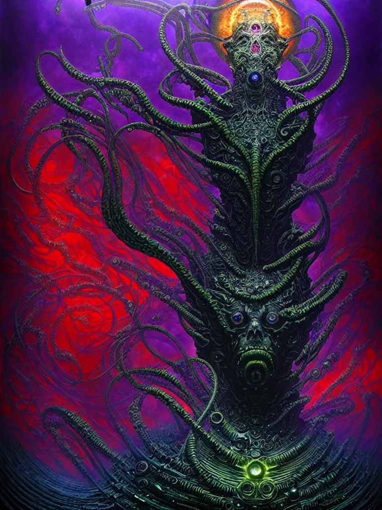 Image similar to depicting a wrathful technological nightmare monster god, in the style of h. p. lovecraft, exuberant organic elegant forms, by karol bak and filip hodas : : 1. 4 purple, red, blue, green, black intricate mandala explosions : : intuit art : : turbulent water backdrop : : damask wallpaper : : atmospheric