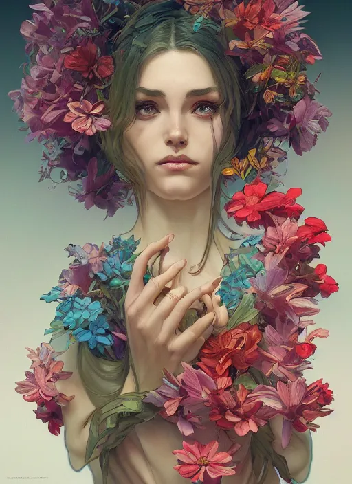 Image similar to isolated flowers with strong dark comic outlines, colorful, psychedelic, intricate, elegant, highly detailed, digital painting, artstation, concept art, smooth, sharp focus, illustration, art by artgerm and greg rutkowski and alphonse mucha