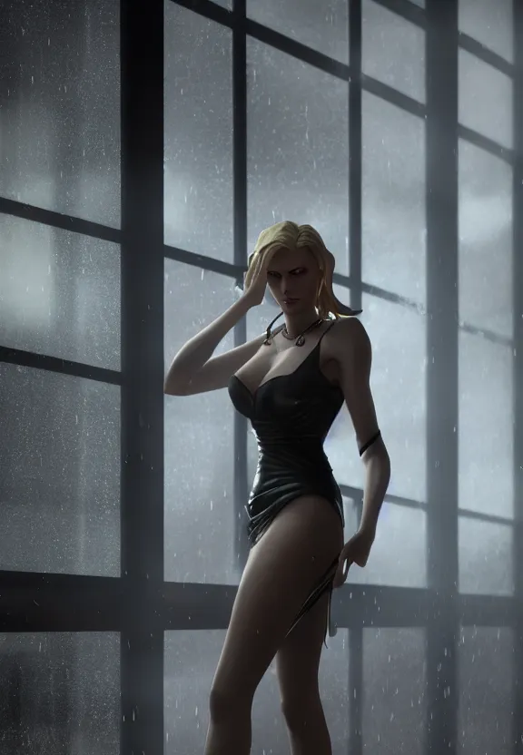 Image similar to beautiful model annie leonhart posing with open toe heels in dunwall city, beautiful face, detailed face, cinematic lighting, rainy weather, melancholy atmosphere, volumetric light, octane render, dishonored 1, gothic architecture, realistic reflections, octane render 8 k, model agency, playboy cover shot