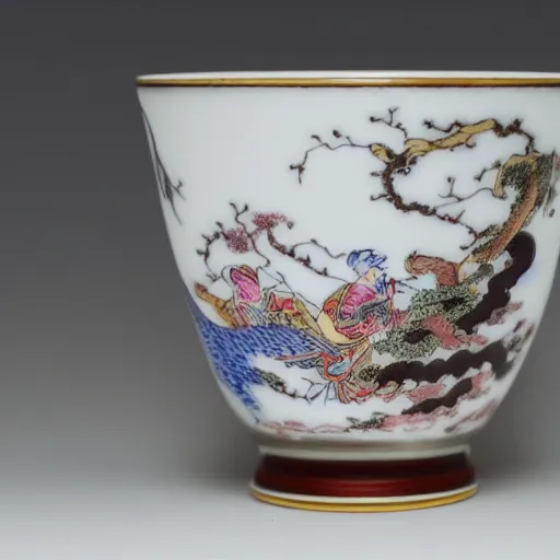 Prompt: astonishing japanese tea cup with amazing artwork on the side, product shoot, studio lighting
