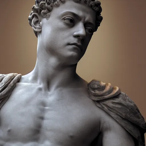 Image similar to rami malek as marble statue of ancient roman emperor, created by michelangelo, museum photoshot, 3 d photorealistic render, high resolution, 8 k