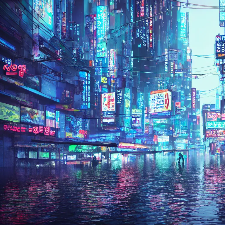 Image similar to cyberpunk flooded rainy south korea, seoul, man in small row boat, reflections, cinematic lighting, photorealistic, trending on artstation, storefronts made of neon lights, hyper realistic rendering photography, unreal 5 engine render, ultra wide angle, long shot, 8 k