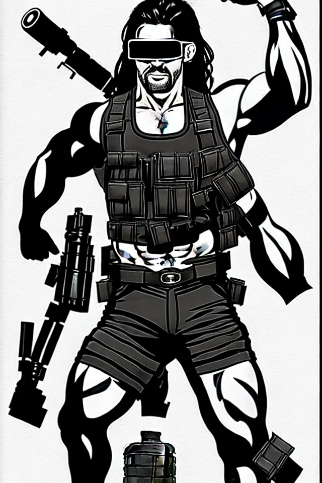 Image similar to muscular man, black vest with no shirt underneath, goggles around his neck, cargo pants, ammo belt, holding a blaster, long black hair in a ponytail, five o' clock shadow, comic book art, full body shot