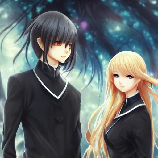 Image similar to blonde anime girl with long hair, wearing headmistress uniform, talking with aloof anime man with emo hair, sharp details, subsurface scattering, intricate details, art by artgerm, anime, anime hd wallpaper, 2 0 1 9 anime screenshot