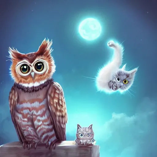 Image similar to a wise owl and a cute kitten, digital art, concept art, gemmy woud binnendijk, nixeu, artgerm