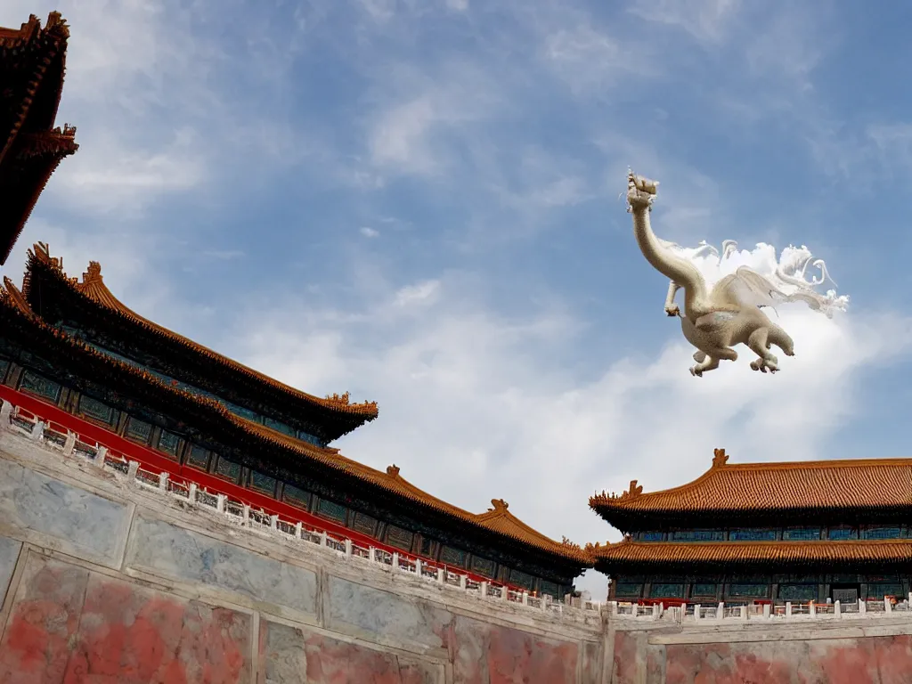 Image similar to a white dragon hovering in the sky of the forbidden city