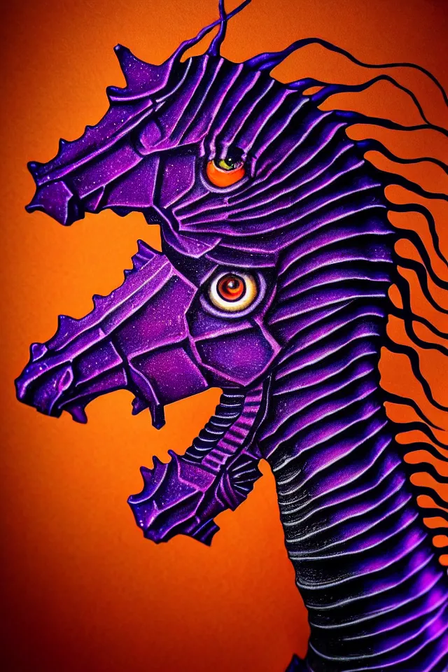 Image similar to a close up portrait of a purple ornate seahorse head statue, orange eyes, black paper, billions of details, beautiful intricate painting by kokaris