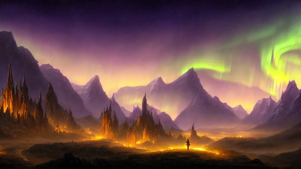 Image similar to Wandering an elvish city at night, with beautiful glowing lights reflecting off the hilltops. Beautiful stars, aurora borealis. Magical Scene. Epic Landscape and City Painting by Tyler Edlin, and Michael Whelan, and J.R.R. Tolkien. 4K HD Wallpaper Premium Prints Available.