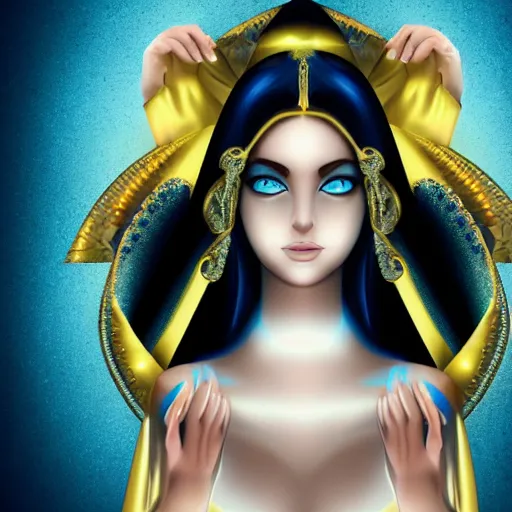 Image similar to seductive divine goddess with bright blue eyes and golden robe in a dark cave, photo 3 d,