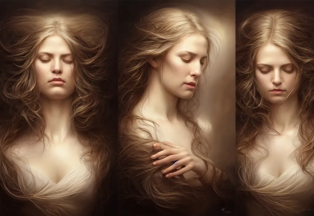 Image similar to picture split from the middle with an border, angels with different backroundsnon, intricate, elegant, highly detailed, realistic hair, centered, digital painting, art station, conceptual art, soft, sharp focus, illustration, artwork, artgerm, tomasz alen kopera, donato giancola, wlop, boris vallejo