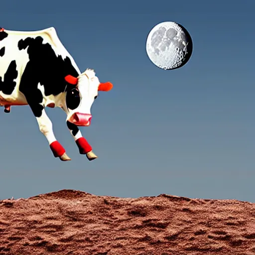 Prompt: cow jumping over the moon in a clown costume