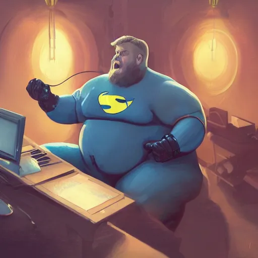 Image similar to a insanely detailed painting of a slightly overweight man wearing a homemade superhero costumed, sitting at a computer desk, nervously and clicking on the mouse, in the style of peter mohrbacher, dramatic lighting and composition, trending on artstation, concept art, comic book, graphic novel