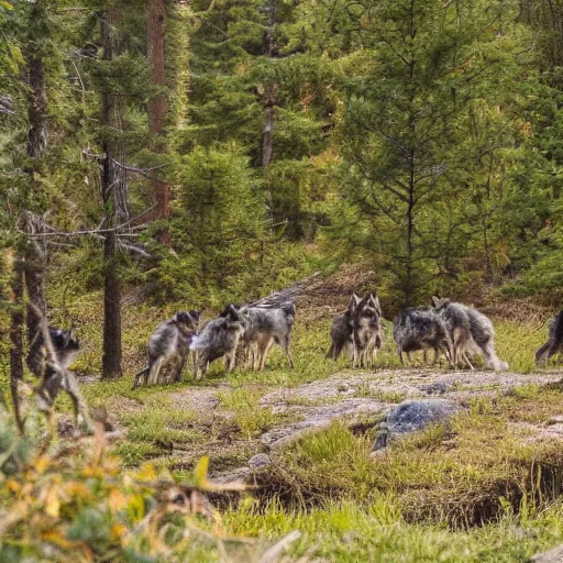 Prompt: a pack of wolves in the distance of a forest on the other side of a creek