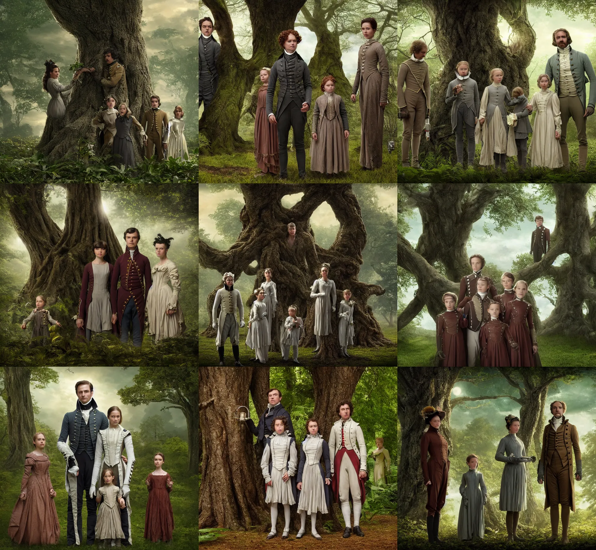 Prompt: sharp, highly detailed, film from a 2 0 1 9 sci fi 1 6 k movie, set in 1 8 2 0, family standing next to a tree, in a park on a strange alien planet, full of strange plants and flowers, wearing 1 8 2 0 s clothes, atmospheric lighting, in focus, reflective eyes, 3 5 mm macro lens, live action, nice composition