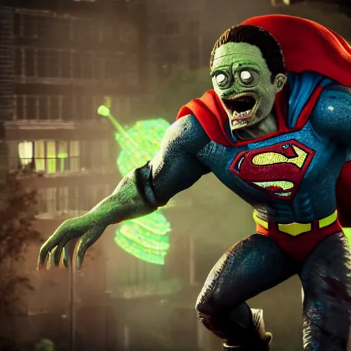 Image similar to pickle rick as superman! flying in ( gears of war ), splash art, movie still, detailed face, photorealistic facial features, cinematic lighting, dramatic, octane render, long lens, shallow depth of field, bokeh, anamorphic lens flare, 8 k, hyper detailed, 3 5 mm film grain