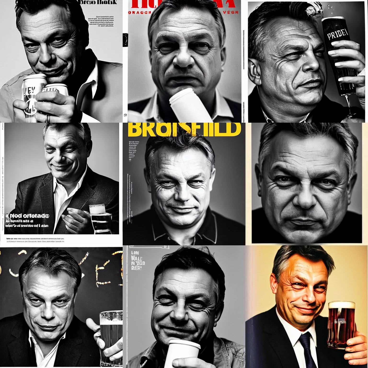 Prompt: headshot magazine cover photo of viktor orban winking with beer by peter lindbergh