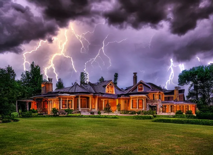 Prompt: landscape photography mansion, warm lightning, beautiful, clouds, kodachrome, 4 k, hd