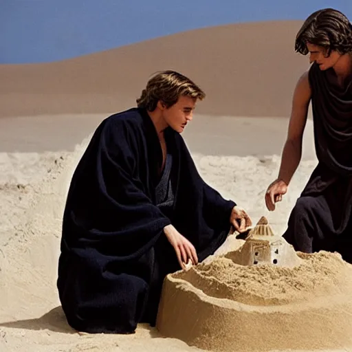 Image similar to Picture of an adult Anakin Skywalker building a sand castle on Tatooine, played by hayden christensen, award-winning