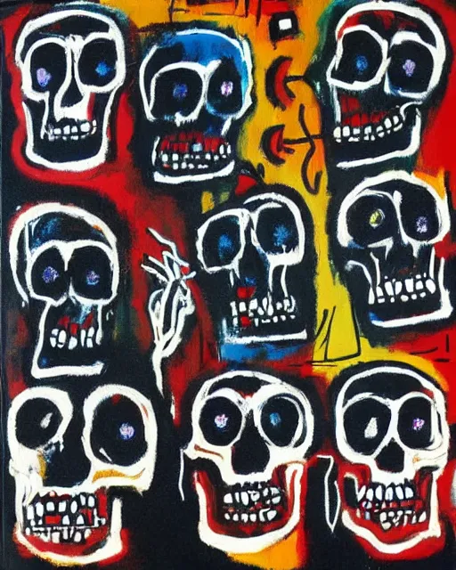 Image similar to oil neo expressionism painting of skull skeletons singing in the choir by basquiat