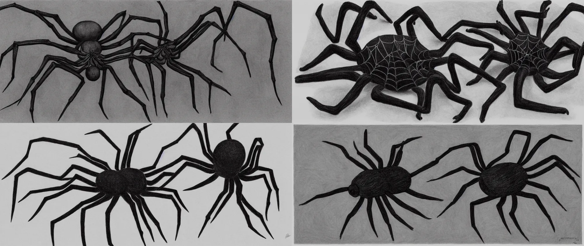 Prompt: gigantic spider, gloomy ambience, dark grey, black and white scheme, pencil sketch, by louise bourgeois