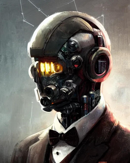 Image similar to a rugged young engineer man with cybernetic enhancements wearing a suit and bowtie, detailed face with mask, scifi character portrait by greg rutkowski, esuthio, craig mullins, 1 / 4 headshot, cinematic lighting, dystopian scifi gear, gloomy, profile picture, mechanical, half robot, implants, steampunk