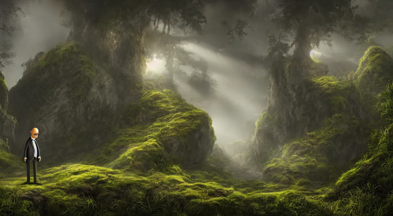 Image similar to photorealistic matte painting of mr burns from the simpsons standing far in misty overgrowth undergrowth jagged rock features volumetric fog light rays high contrast dawn