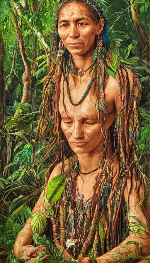 Image similar to a beautiful portrait of an amazonian shaman healer sitting in the jungle, doing a prayer, ayahuasca, high detail painting, fantasy art, highly detailed, realistic face