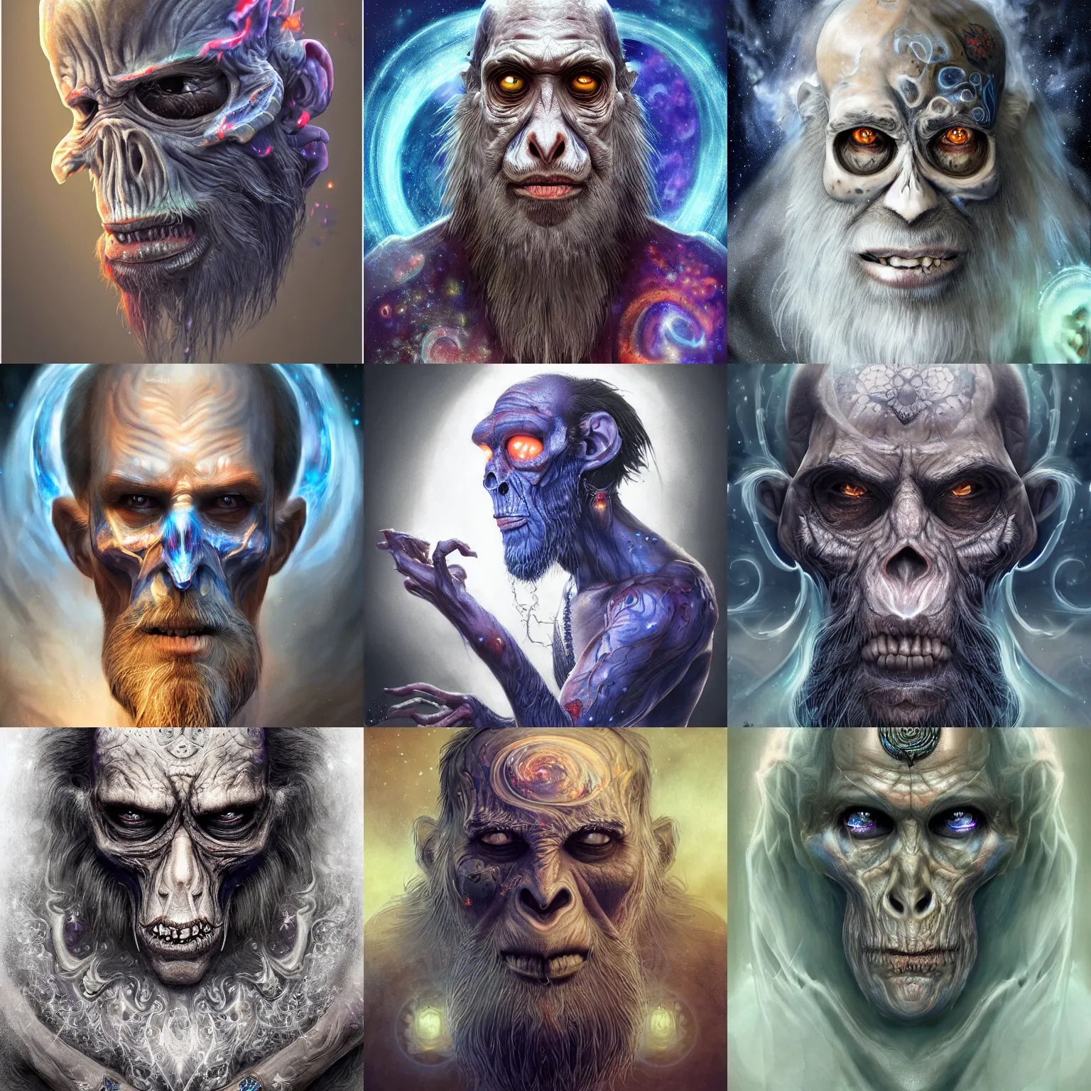 Image similar to a wlop 3 d render of very very very very highly detailed beautiful mystic portrait of a phantom undead mage ape with whirling galaxy around, tattoos by anton pieck, intricate, extremely detailed, digital painting, artstation, concept art, smooth, sharp focus, illustration, intimidating lighting, incredible art,