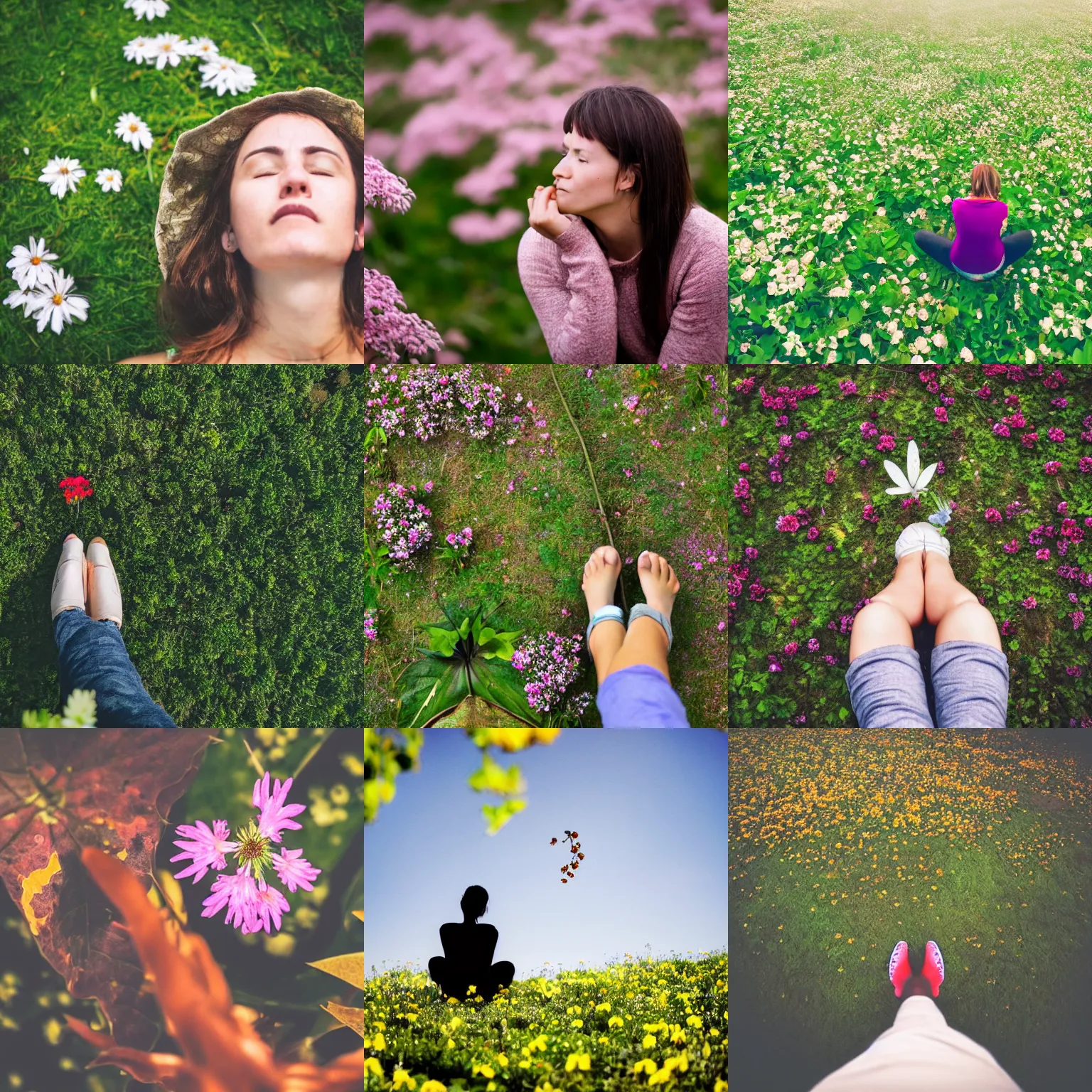 Prompt: person sitting on a leaf looking up at the flowers above