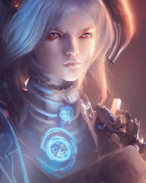 Image similar to holy cyborg necromancer girl, elegant, scifi, futuristic, utopia, garden, illustration, atmosphere, top lighting, blue eyes, white hair, focused, artstation, highly detailed, art by yuhong ding and chengwei pan and serafleur and ina wong