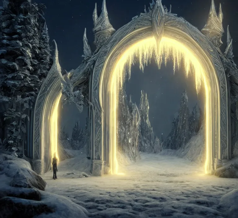 Image similar to a very detailed concept art of intricate and elven white gates to aurora borealis infused with magic, dynamic lighting trending on artstation, symmetry, digital art, 4 k, hyper realistic, octane render, sharp focus