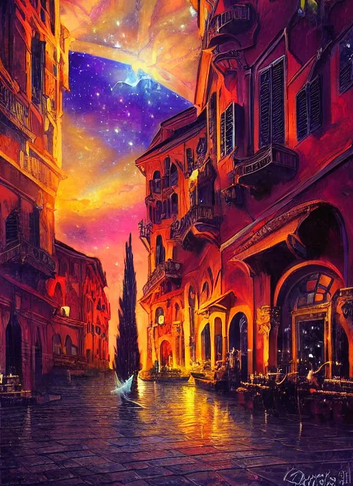 Image similar to ethereal starlit city of magic lost in time at sunset, italian futurism, art station, da vinci, hd, digital painting