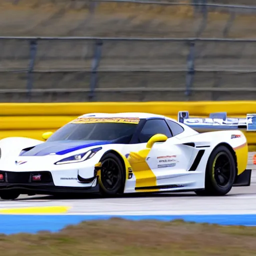 Prompt: a 2 0 1 5 chevrolet corvette daytona prototype driving on a race track