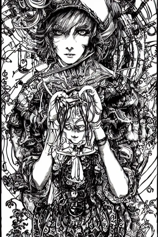 Prompt: Rave Alice in wonderland tarot card , pen and ink, intricate line drawings, by Yoshitaka Amano, Ruan Jia, Kentaro Miura, Artgerm, watercolor