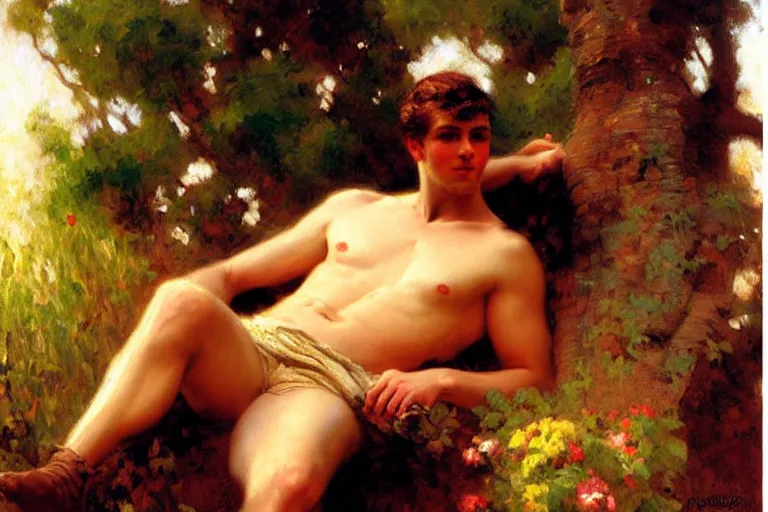 Image similar to summer, attractive male, dreamy, painting by gaston bussiere, craig mullins, j. c. leyendecker