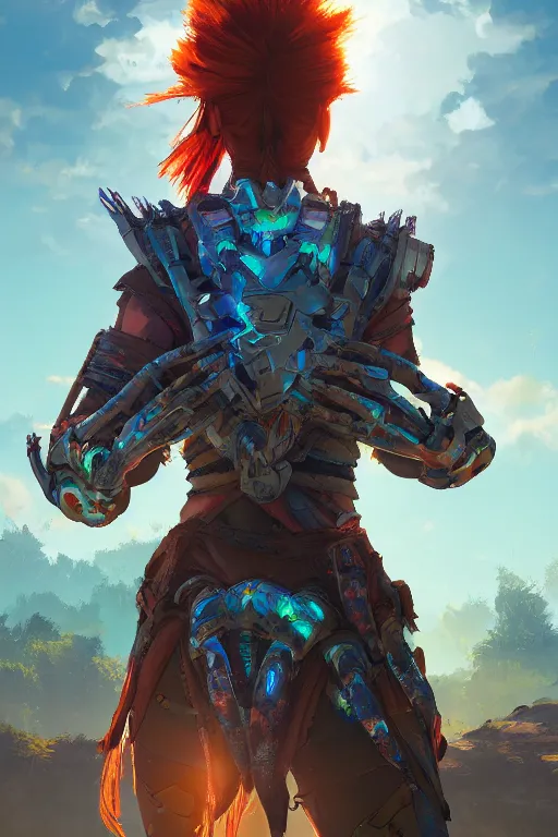 Image similar to combination suit armor aloy horizon forbidden west horizon zero dawn radiating a glowing aura global illumination ray tracing hdr fanart arstation by ian pesty and alena aenami artworks in 4 k tribal robot ninja mask helmet backpack