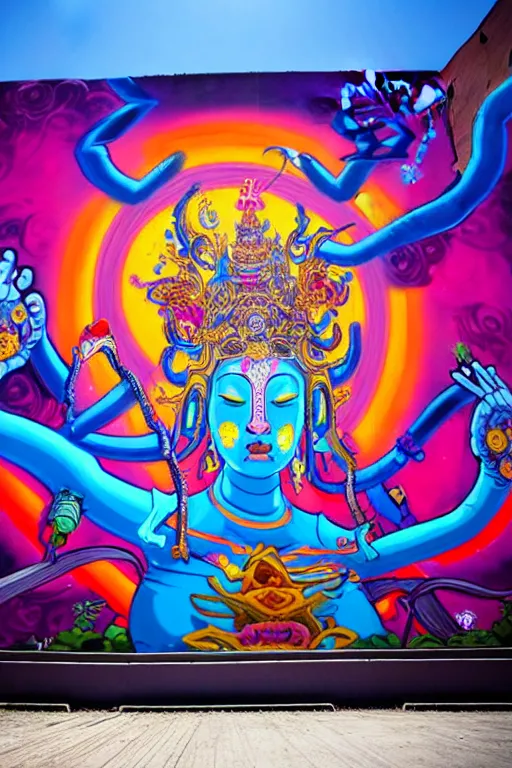 Image similar to epic graffiti mural of a 1000 arm Quan Yin , colorful and dynamic in the style of Hownosm and James Jean, ultimate collab, epic, unreal engine 5, coming to life popping out of the wall 3d,