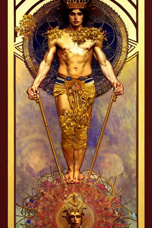 Image similar to a god wearing clothes and golden crown, holding a star, muscular, flowers, amazing, tarot art, painting by greg rutkowski, alphonse mucha, gustav klimt