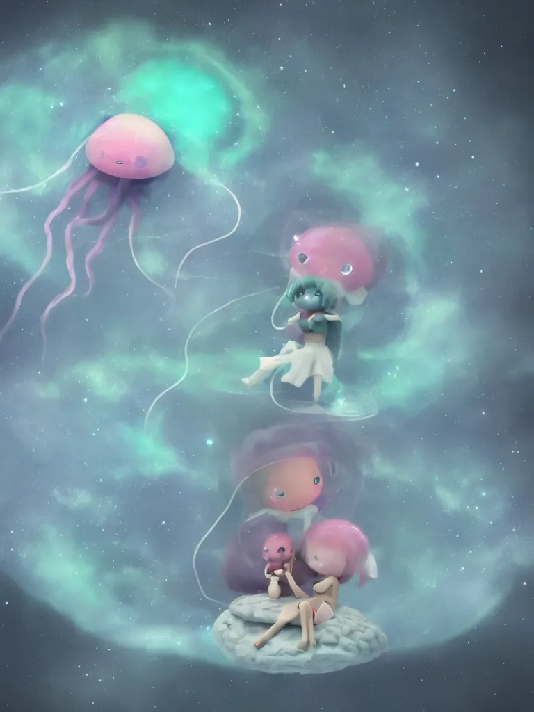 Prompt: cute fumo plush alien jellyfish girl sitting on a small island floating in the dark galactic abyss, vignette, vray