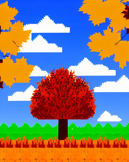 Prompt: 8 bit indie arcade game scene, blue sky with clouds, 2 8 different autumn trees with colored leaves, leaf fall.. details of the game trees, earth, clouds, sky background