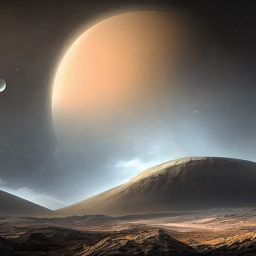 Image similar to large dust particles flying around seen from the surface of an alien planet crater, multiple moons in the sky, concept art, detailed futuristic matte painting