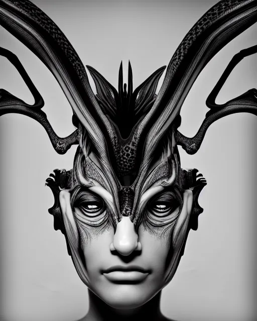 Image similar to a black and white 3D render of a beautiful portrait of a young female angelic-dragon-cyborg face with a very long neck, 150 mm, orchids, Mandelbrot fractal, anatomical, flesh, facial muscles, veins, arteries, full frame, microscopic, elegant, highly detailed, flesh ornate, elegant, high fashion, rim light, ray trace, octane render in the style of H.R. Giger and Man Ray, Realistic, Refined, Digital Art, Highly Detailed, Cinematic Lighting, rim light, black and white, photo-realistic Unreal Engine, 8K