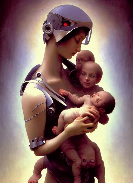 Prompt: photo of futuristic holy cyborg-robotic-mother holding a newborn cyborg-baby child in hands by Raphael Santi, William-Adolphe Bouguereau, by Ayami Kojima, Amano, Karol Bak, Greg Hildebrandt, and Mark Brooks, Neo-Gothic, gothic, rich deep colors. masterpiece, intricate artwork by Tooth Wu and wlop and beeple, greg rutkowski. still from a 2021 movie by Terrence Malick, Tarkovsky, Gaspar Noe, James Cameron,