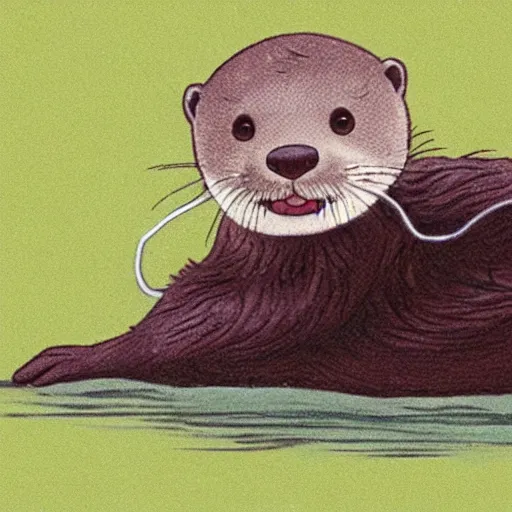 Image similar to an otter using overear headphones, in the style of ghibli animations