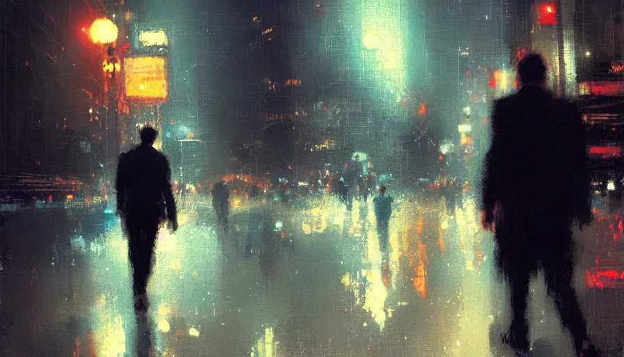 Prompt: symmetrical! portrait of a tired man walking in a big city at night by craig mullins, atmospheric, vivid, masterpiece, bokeh, messy