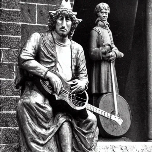 Image similar to bob dylan playing his guitar whilst sitting next to a statue of king alfred the great, photograph