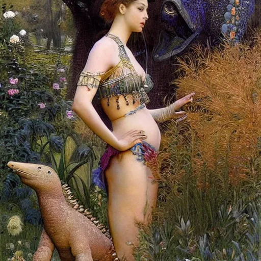 Prompt: epic masterpiece full body portrait a beautiful woman belly dancer, standing next to baby stegosaurus in a garden, by Edgar Maxence and Ross Tran and Michael Whelan