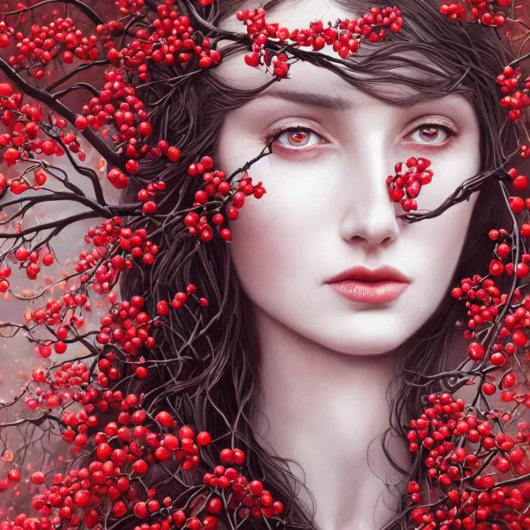 Prompt: a crimson goddess, lots of branches, leaves and white berries of blackberries, wonderful eyes, symmetrical, fantasy, highly detailed, realistic, complex, fantasy, over - detailed, elegant, complex, dynamic lighting, hyperrealism, digital art, digital painting, artstation, wlop, clear focus, illustrations by filipe pagliuso and justin gerard